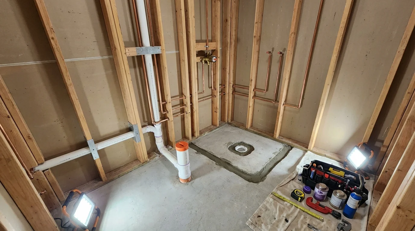 Bathroom rough-in plumbing during remodel by Johns Plumbing LLC in Bowie