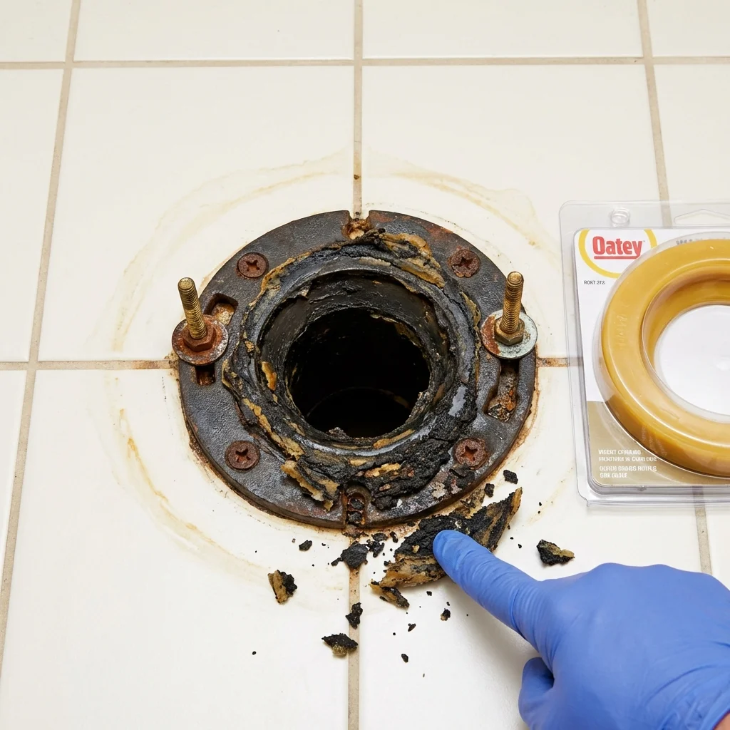 Failed wax ring showing water seepage at the base of a toilet in a Bowie, TX home